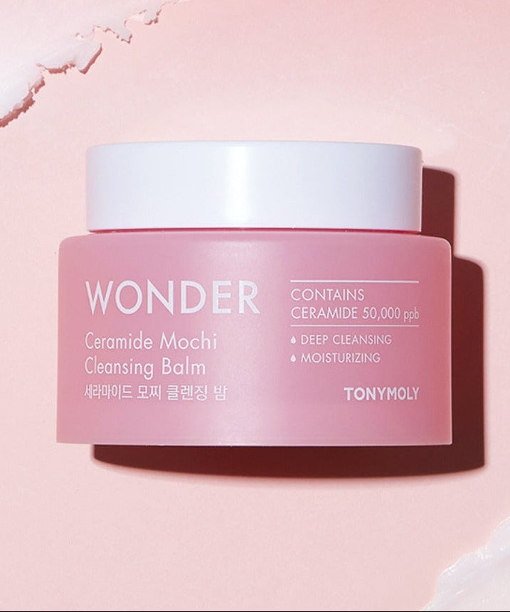 TONYMOLY Wonder Ceramide Mochi Cleansing Balm 100ml in pink jar on pink background