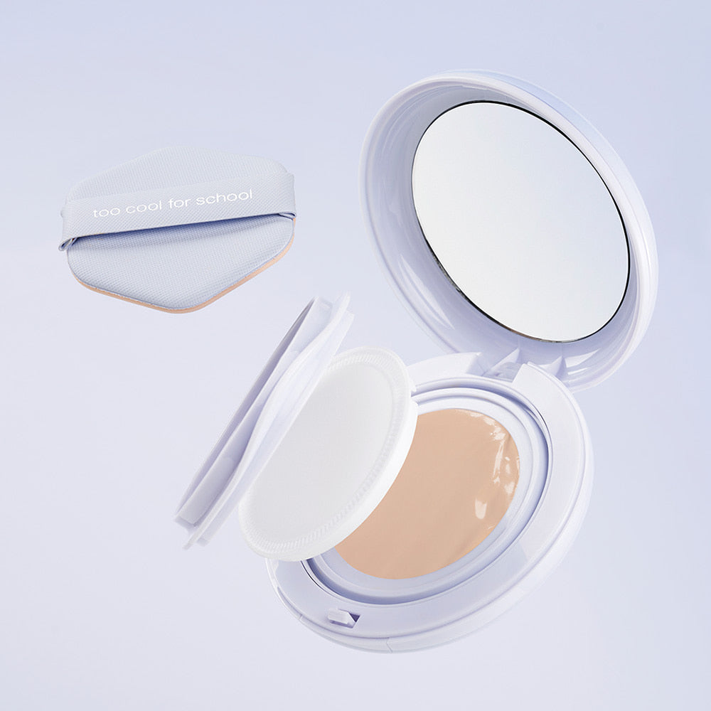 TOO COOL FOR SCHOOL Air Fit Cushion [Main Product + Refill] (+Mesh Pouch) with open compact and applicator.
