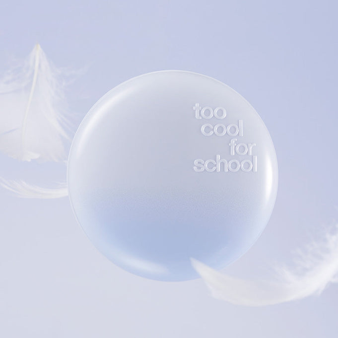 TOO COOL FOR SCHOOL Air Fit Cushion [Main Product + Refill] (+Mesh Pouch) in stylish packaging with delicate feathers.