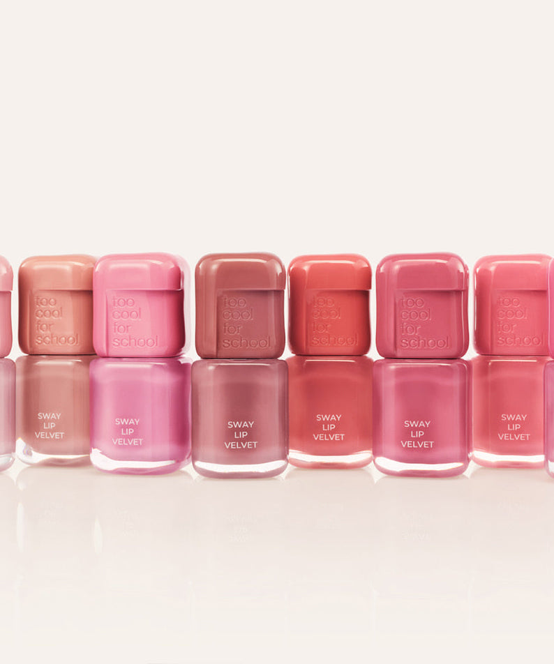 TOO COOL FOR SCHOOL Sway Lip Velvet collection in various shades showcasing vibrant lip colors in sleek packaging.