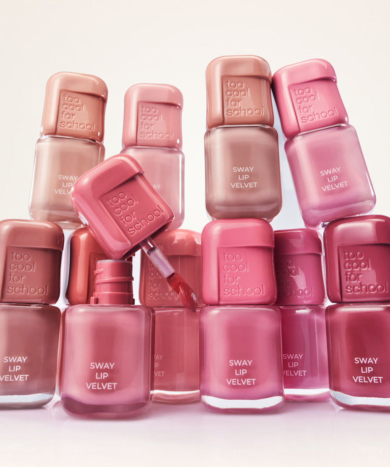 TOO COOL FOR SCHOOL Sway Lip Velvet collection showcasing various shades in sleek packaging.