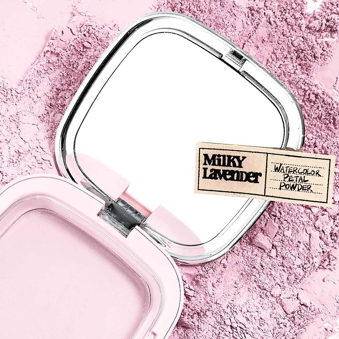 TOOQ Water Color Petal Powder in Milky Lavender shade, open compact with powder and label, ideal for makeup enthusiasts.