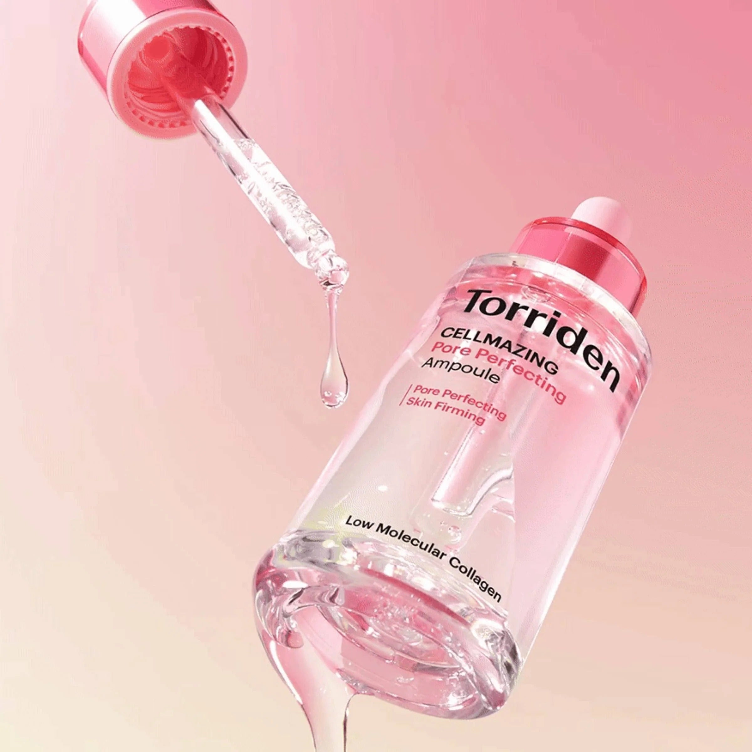 TORRIDEN Cellmazing Porre Perfecting Ampoule 30ml bottle and dropper showcasing skincare serum against a pink background.