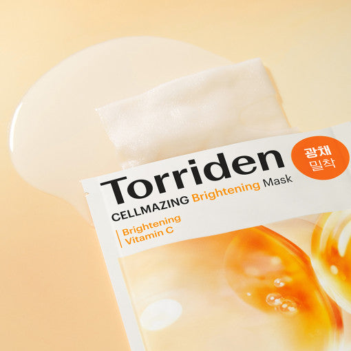 TORRIDEN Cellmazing Vitamin C Brightening Mask packaging with mask sheet and vibrant background
