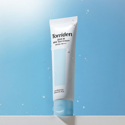 TORRIDEN Dive In Low Molecular Hyaluronic Acid Mild Sun Cream SPF 50+ PA++++ 60ml against blue background