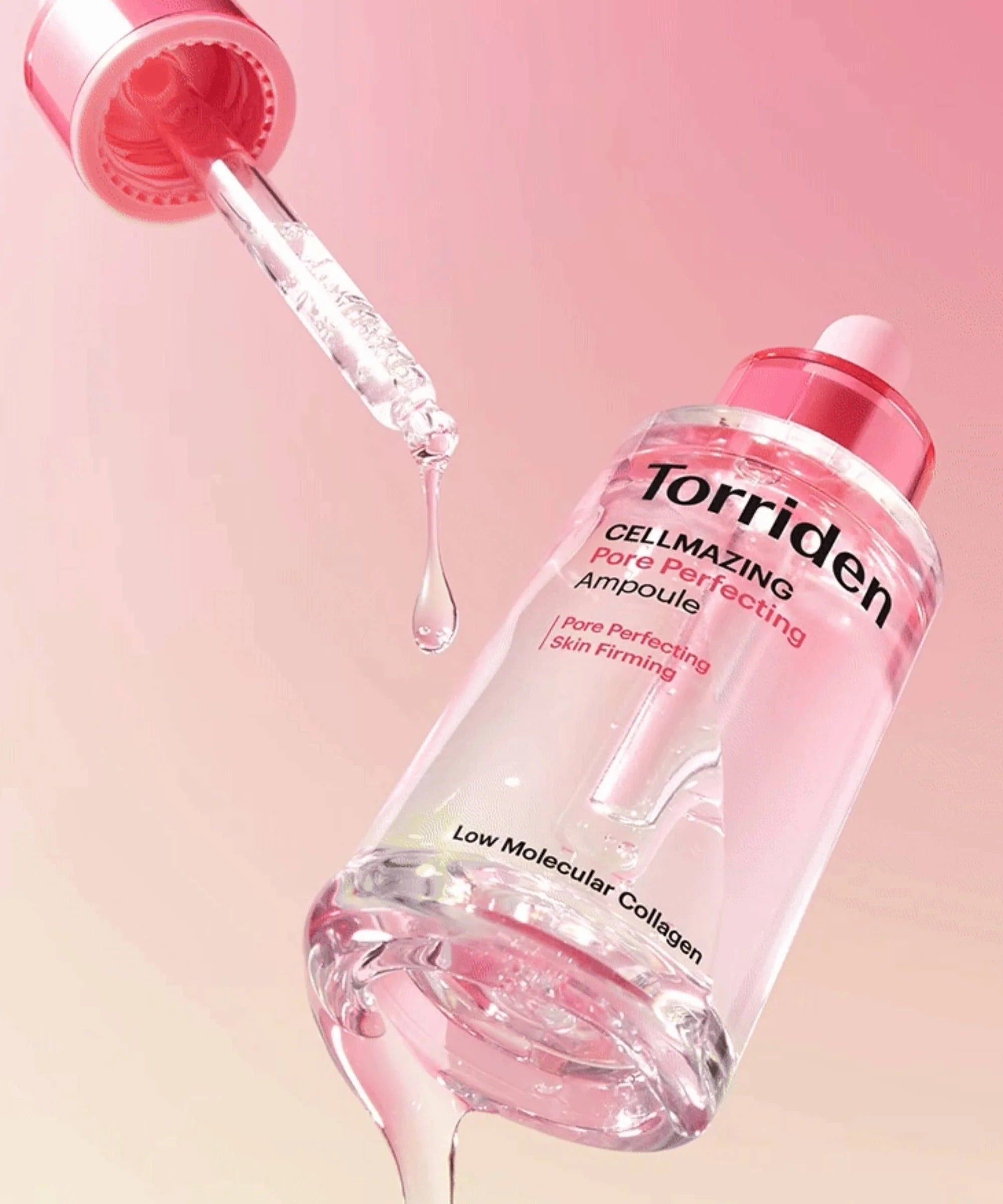 TORRIDEN Cellmazing Porre Perfecting Ampoule 30ml bottle and dropper showcasing skincare serum against a pink background.