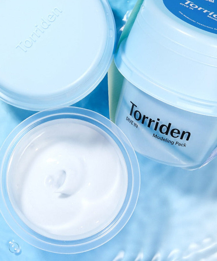 TORRIDEN Dive In Low olecular Hyaluronic Acid Modeling Pack on a blue background showing open and closed containers.