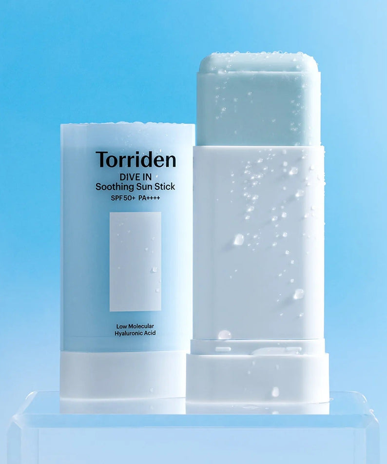 TORRIDEN Dive In Soothing Sun Stick SPF50+PA++++ 19g open and closed on blue background
