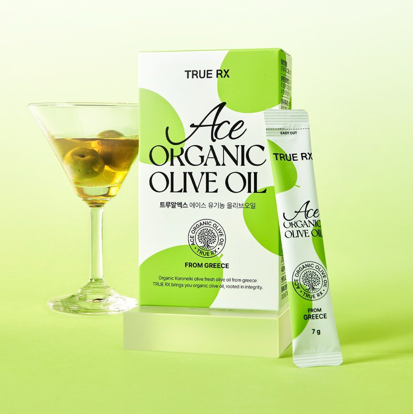 TRUE RX Ace Organic Live Oil with packaging and martini glass