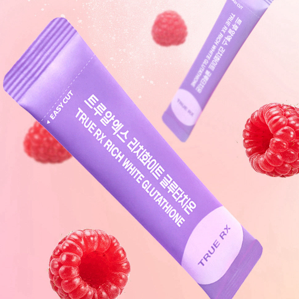 TRUE RX Rich White Glutathione 10 packs with raspberries, showcasing easy-cut packaging in vibrant pink and purple colors for skincare.