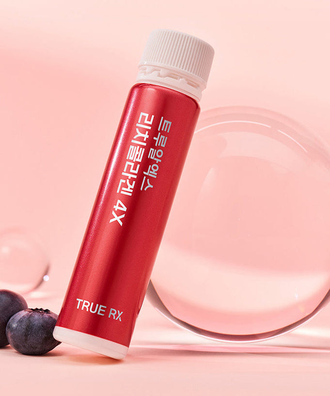 TRUE RX Rich Collagen 4X 1box supplement vial with blueberries and glass sphere on a pink background.