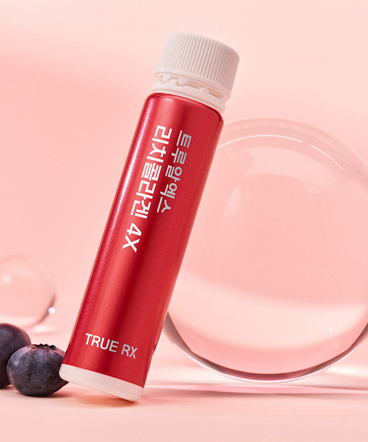 TRUE RX Rich Collagen 4X 1box supplement vial with blueberries and glass sphere on a pink background.
