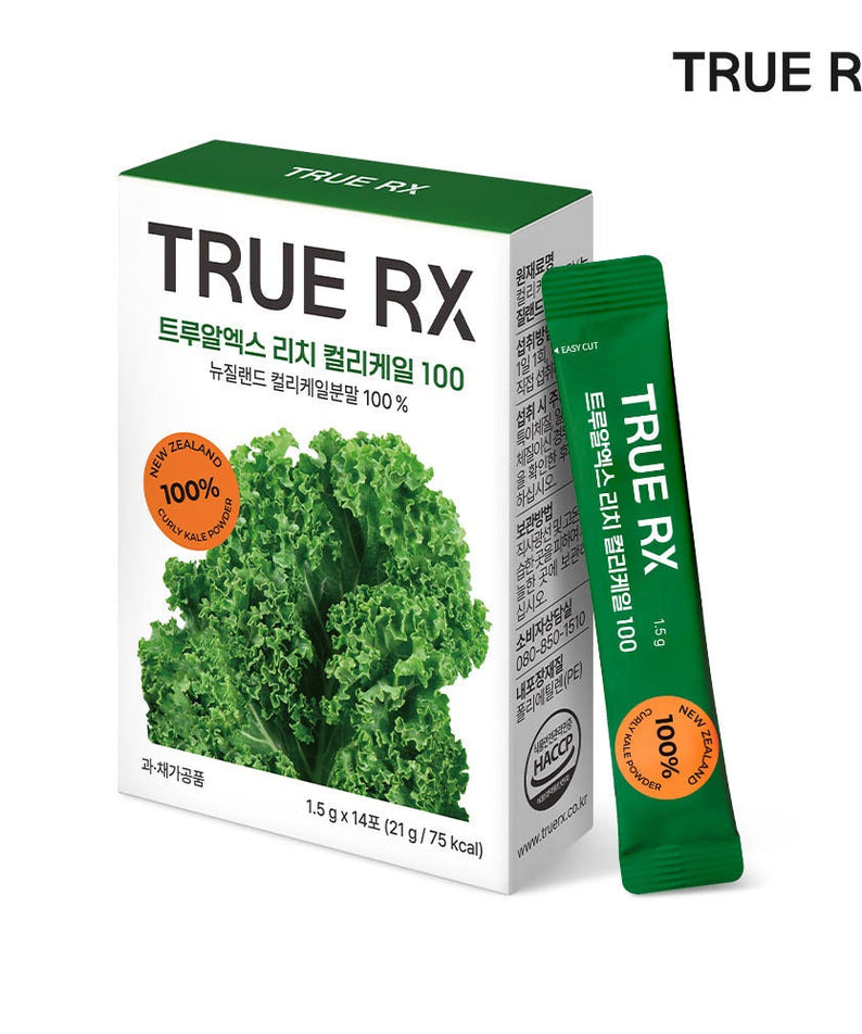 TRUE RX Rich Curly Kale Powder 100% packaging with green kale and product label.