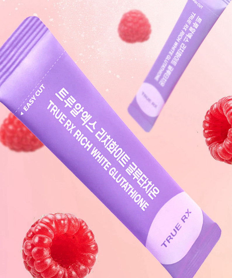 TRUE RX Rich White Glutathione 10 packs with raspberries, showcasing easy-cut packaging in vibrant pink and purple colors for skincare.