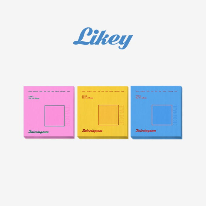 TWICE TWICETAGRAM 1st Album (Random Ver.) featuring colorful album covers in pink, yellow, and blue with 'Likey' title.