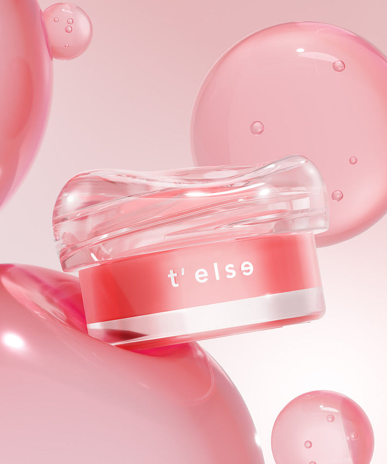 T'ELSE Plumping Glow Jelly Pot 9g showcasing pink packaging with bubbles in the background, perfect for hydrated and luminous skin.