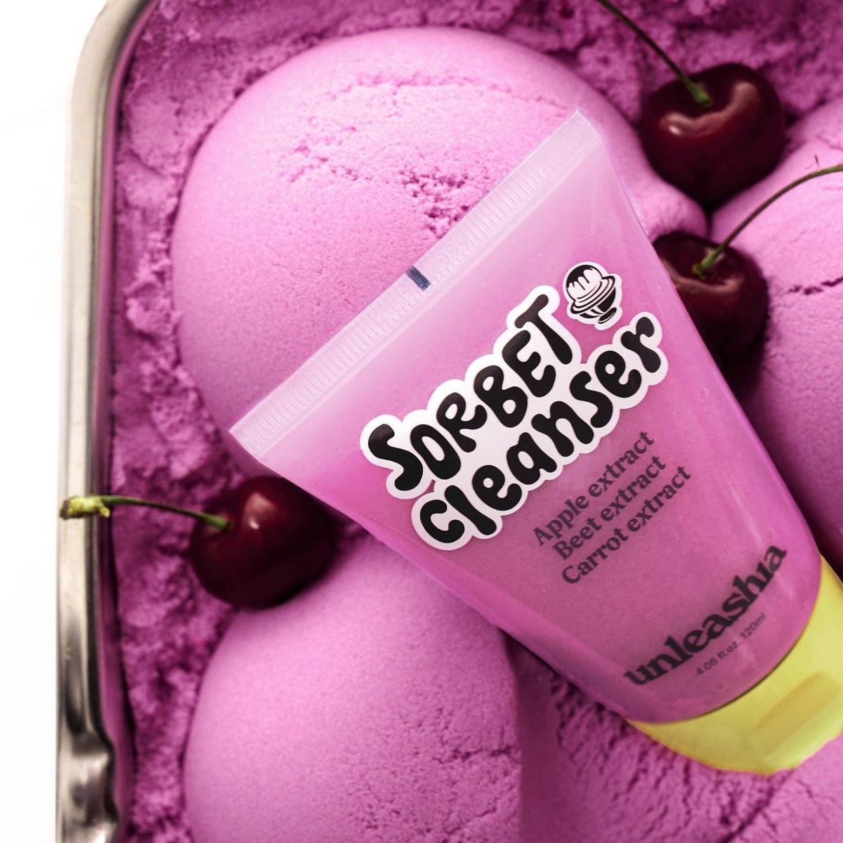 UNLEASHIA ABC Sorbat Facial Cleanser 120ml with cherry-infused background showcasing apple, beet, and carrot extracts.