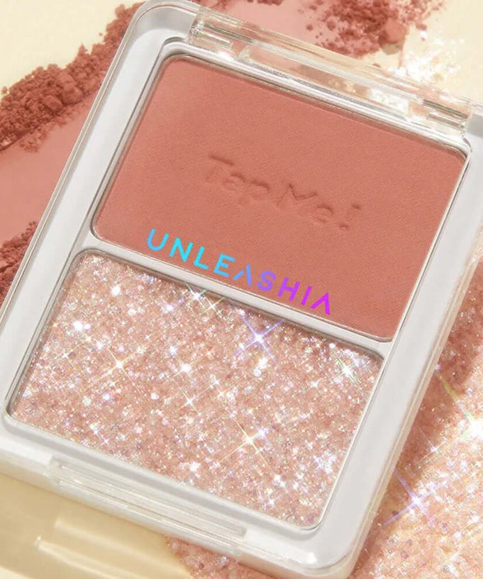 UNLEASHIA tap me palette duo featuring shimmering glitter and matte shades in open compact