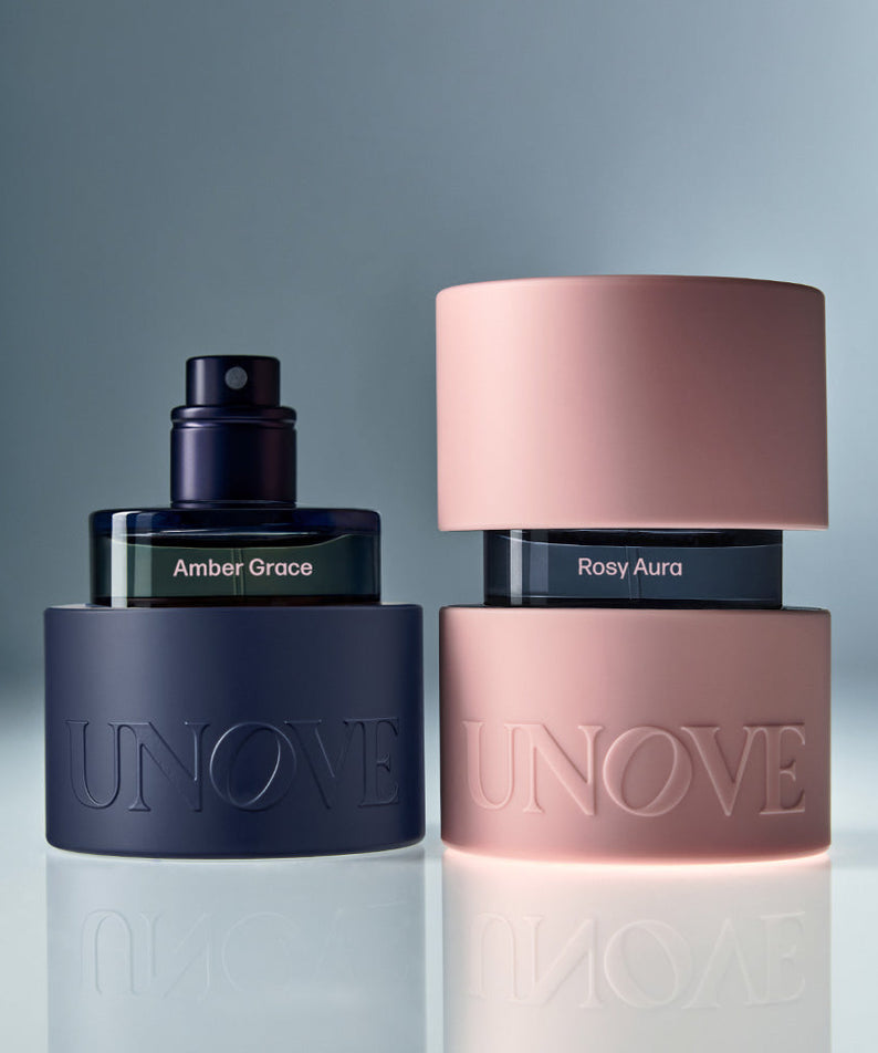 UNOVE Eau De Parfume bottles featuring Amber Grace and Rosy Aura fragrances with elegant packaging.