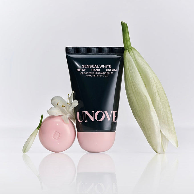 UNOVE Glow Hand Cream 40ml with lily flower, luxurious skincare product.