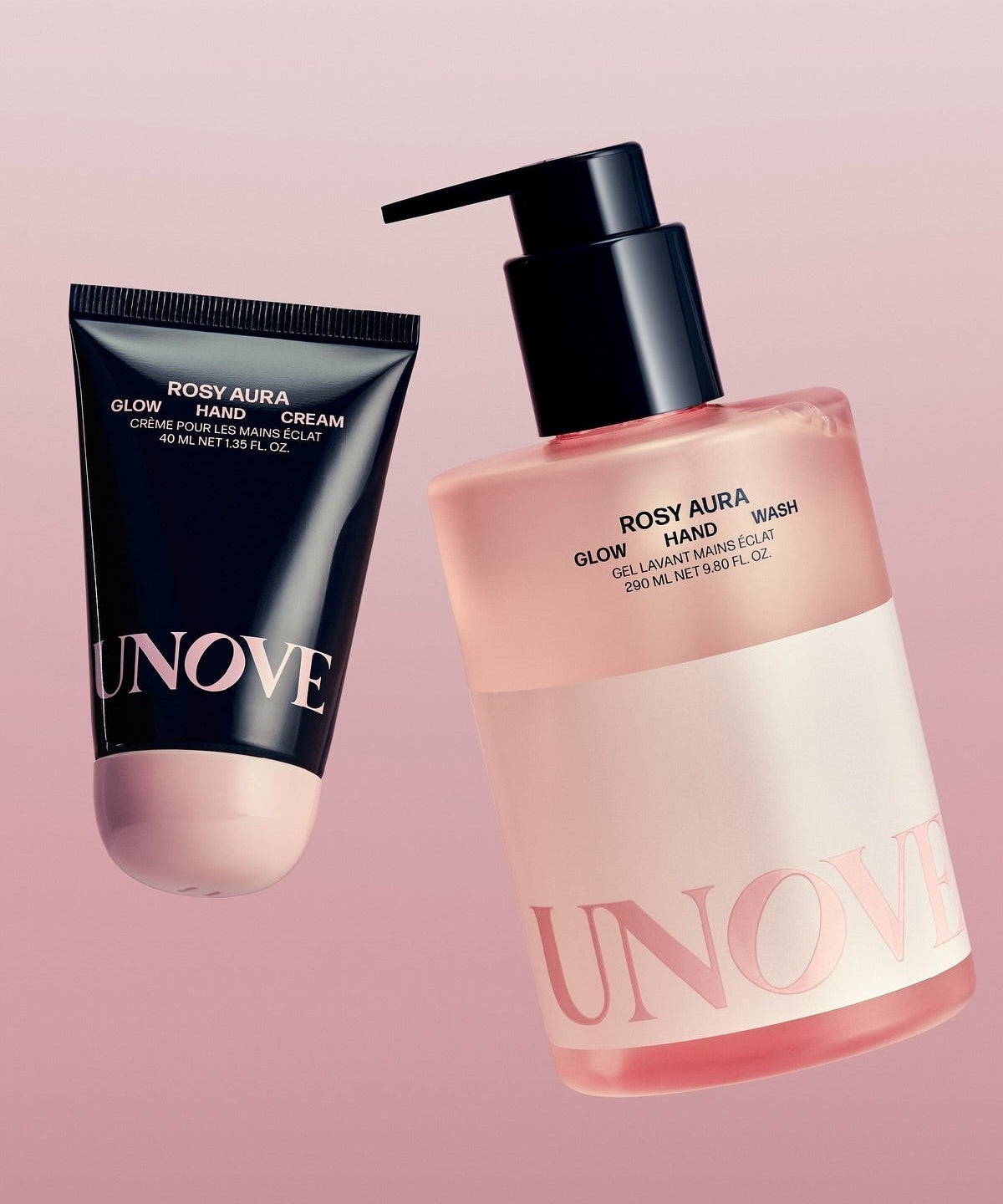 UNOVE Glow Hand Wash 290ml bottle with hand cream on pink background