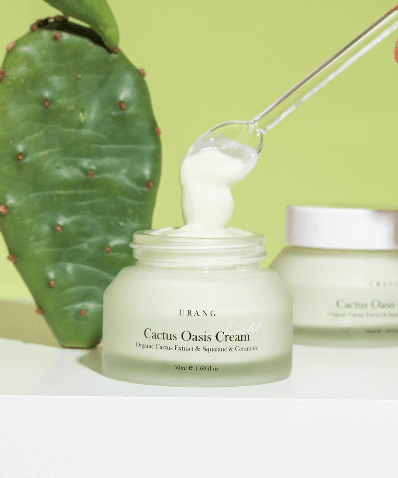URANG Cactus Oasis Cream 50ml open with cactus in background, highlighting organic ingredients and hydrating benefits.