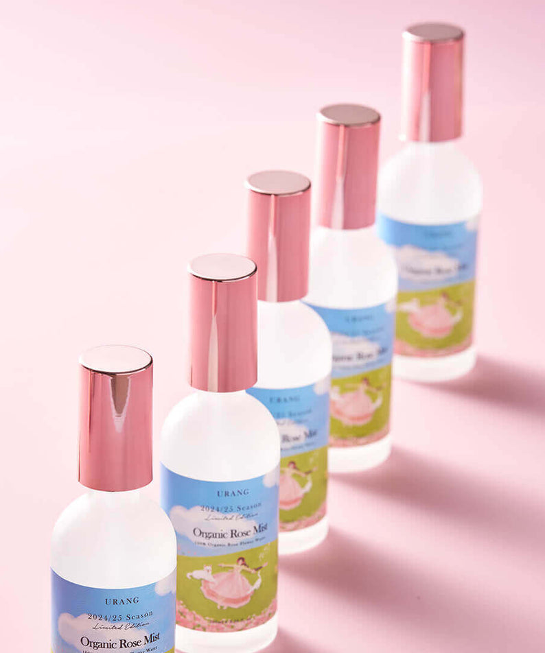 URANG Organic Rose Mist (2024/2025 Limited Edition) bottles on a pink background