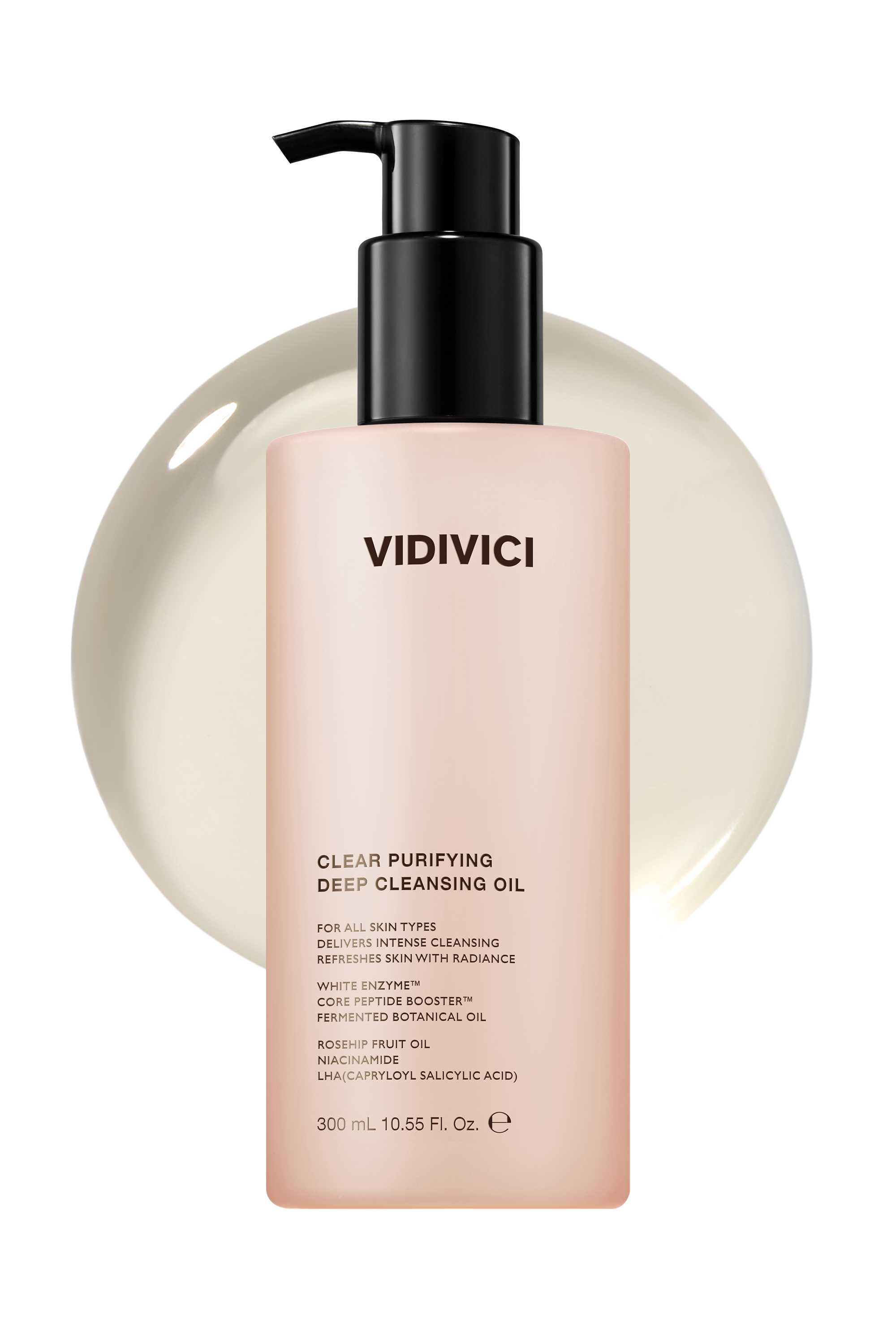 Bottle of VIDIVICI Clear Pureifying Deep Cleansing Oil 300ml with oil texture in the background.