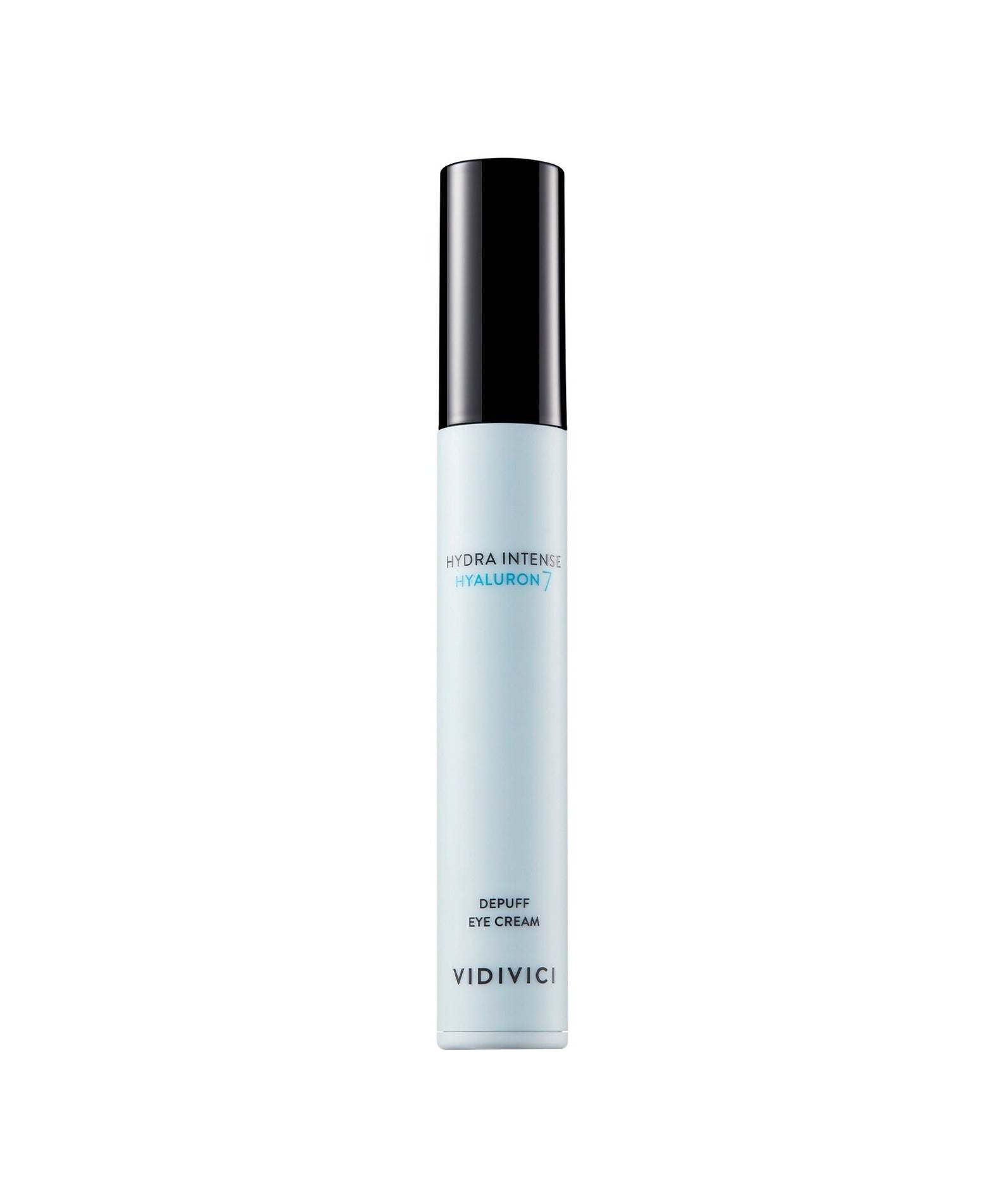 Image of VIDIVICI Hydra Intense Hyaluronic 7 Depuff Eye Cream 15ml in a sleek blue bottle with black cap.