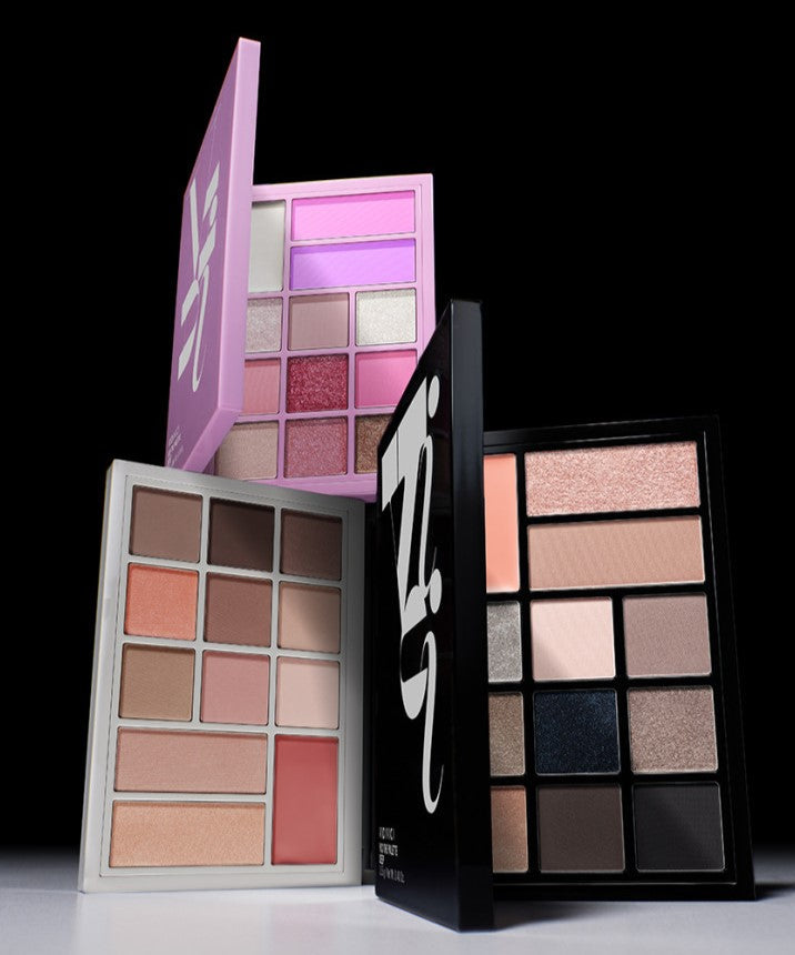 Three makeup sets featuring VIDIVICI The Palette showcasing a variety of eyeshadow colors in stylish packaging.