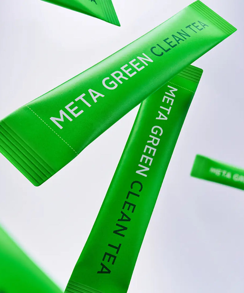 VITALBEAUTIE Meta Green Clean Tea 10 Packets sachets floating on white background