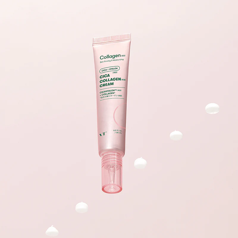VT COSMETIC Cica Collagen Cream 30ml in a pink tube with a white background featuring floating cream dots