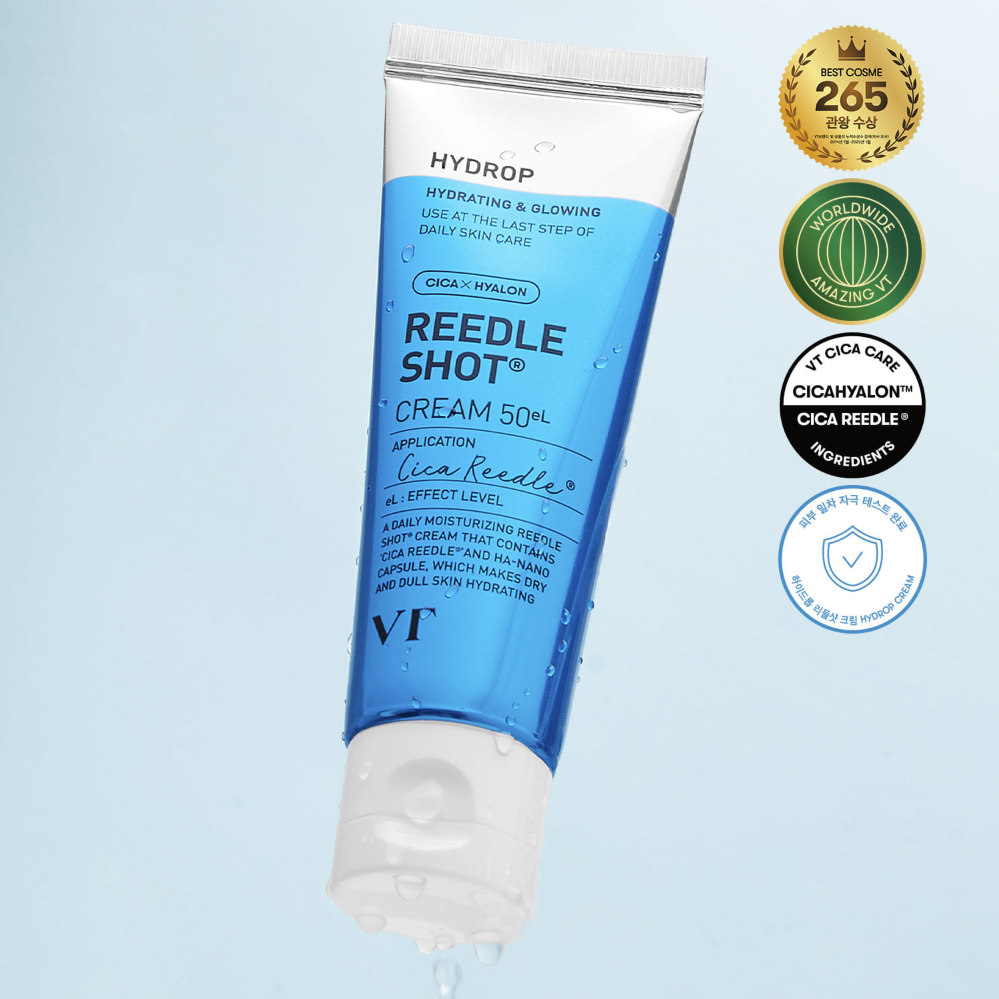 VT COSMETIC Hydro Riddleshot Cream 50g in blue tube with awards displayed, hydrating skincare product.