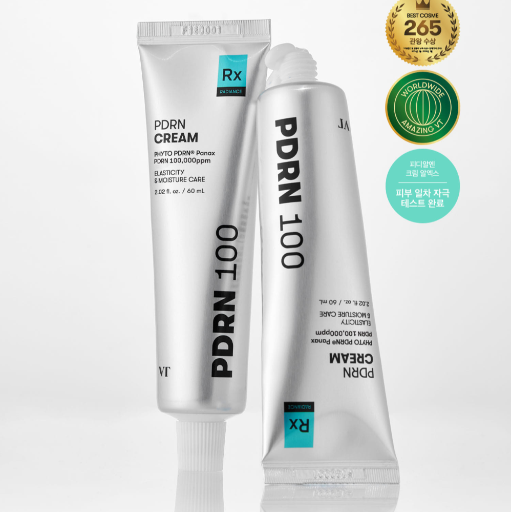 VT COSMETIC PDRN Cream RX 60ml tubes with product awards and certifications displayed