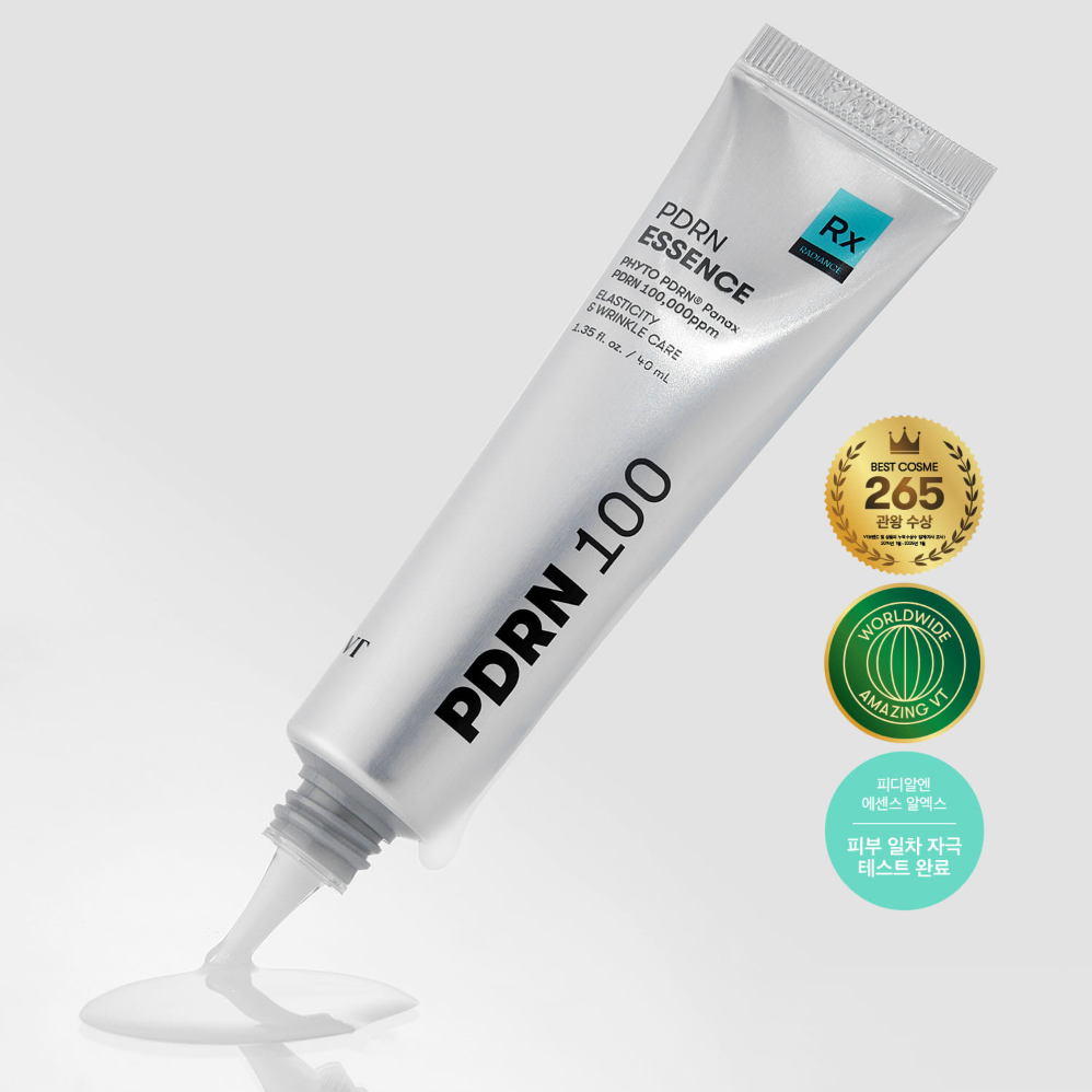 VT COSMETIC PDRN Essence RX 40ml tube with awards displayed, showcasing innovative skincare formula.
