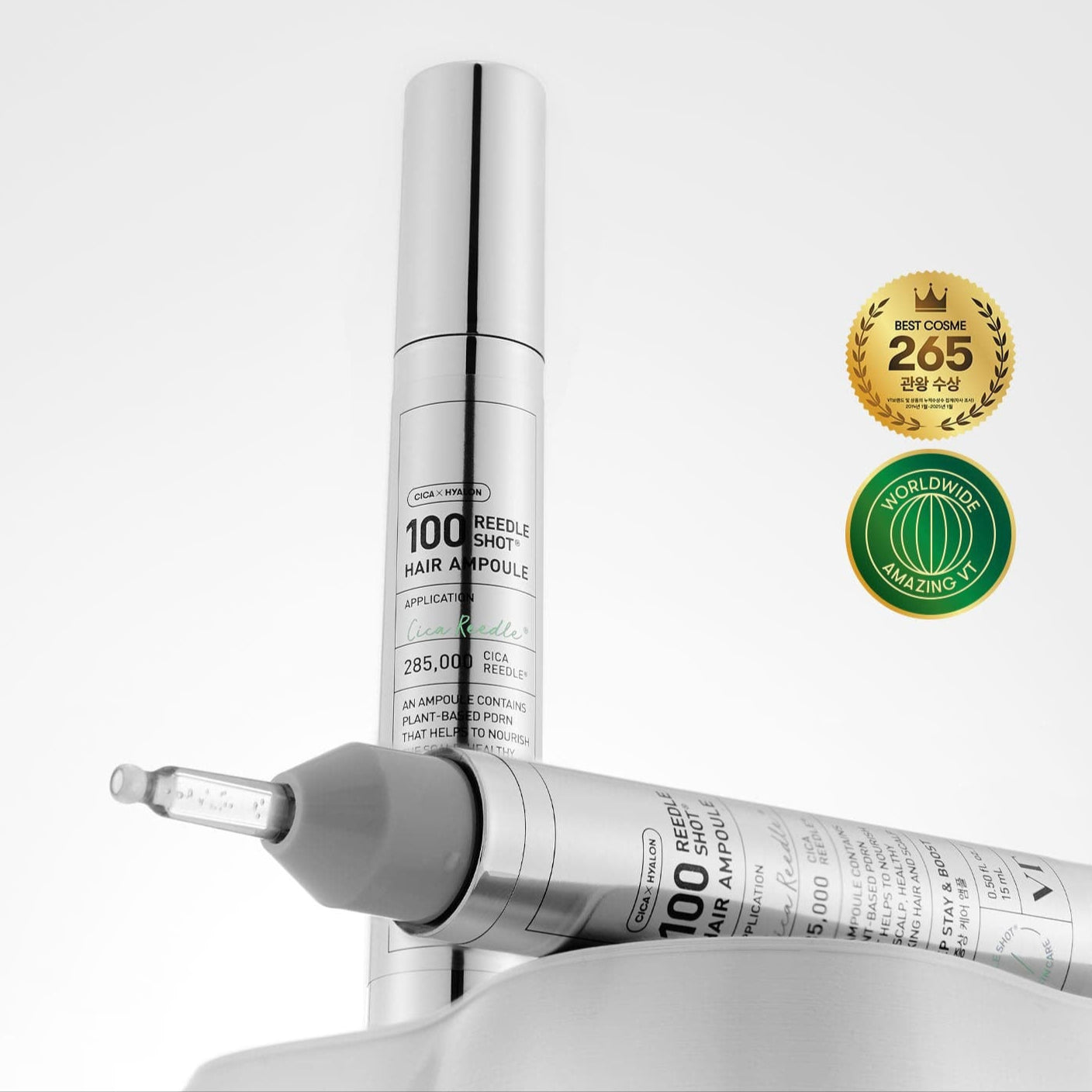 VT COSMETIC PDRN Riddle Shot Hair Ampoule 100dL 15ml displayed with Best Cosme 265 and Worldwide Amazing IT awards.