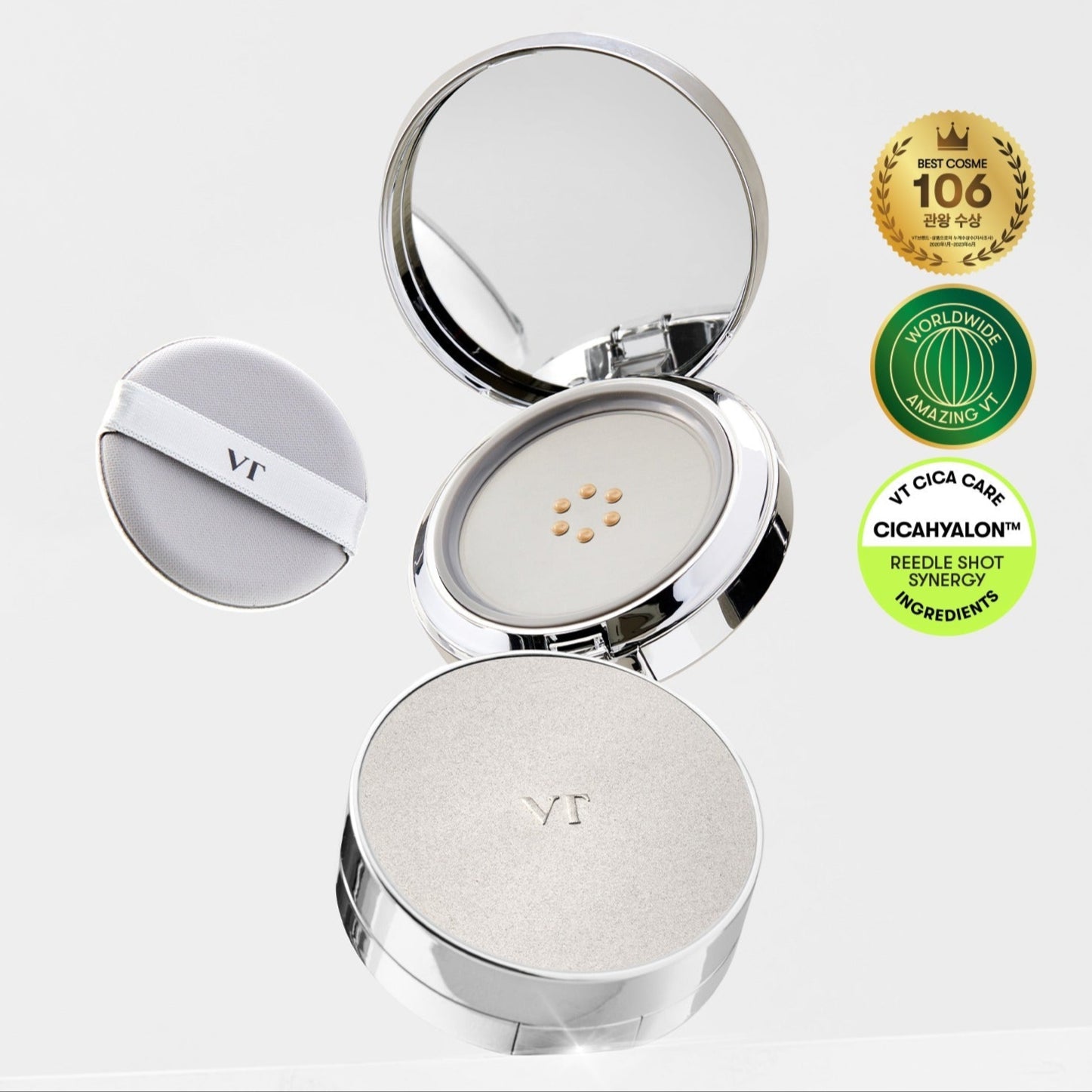 VT COSMETIC Riddle Shot Synergy Cushion 15g compact with awards displayed