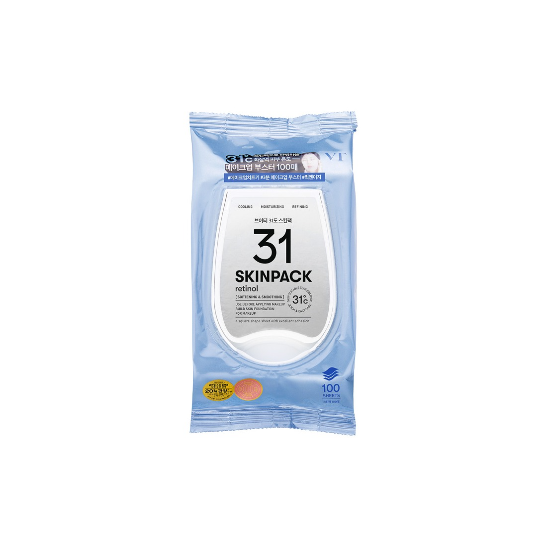 VT COSMETICS 31Â°C Skin Pack 100p 210g packaging with product details and retinol emphasis in blue wrapper.