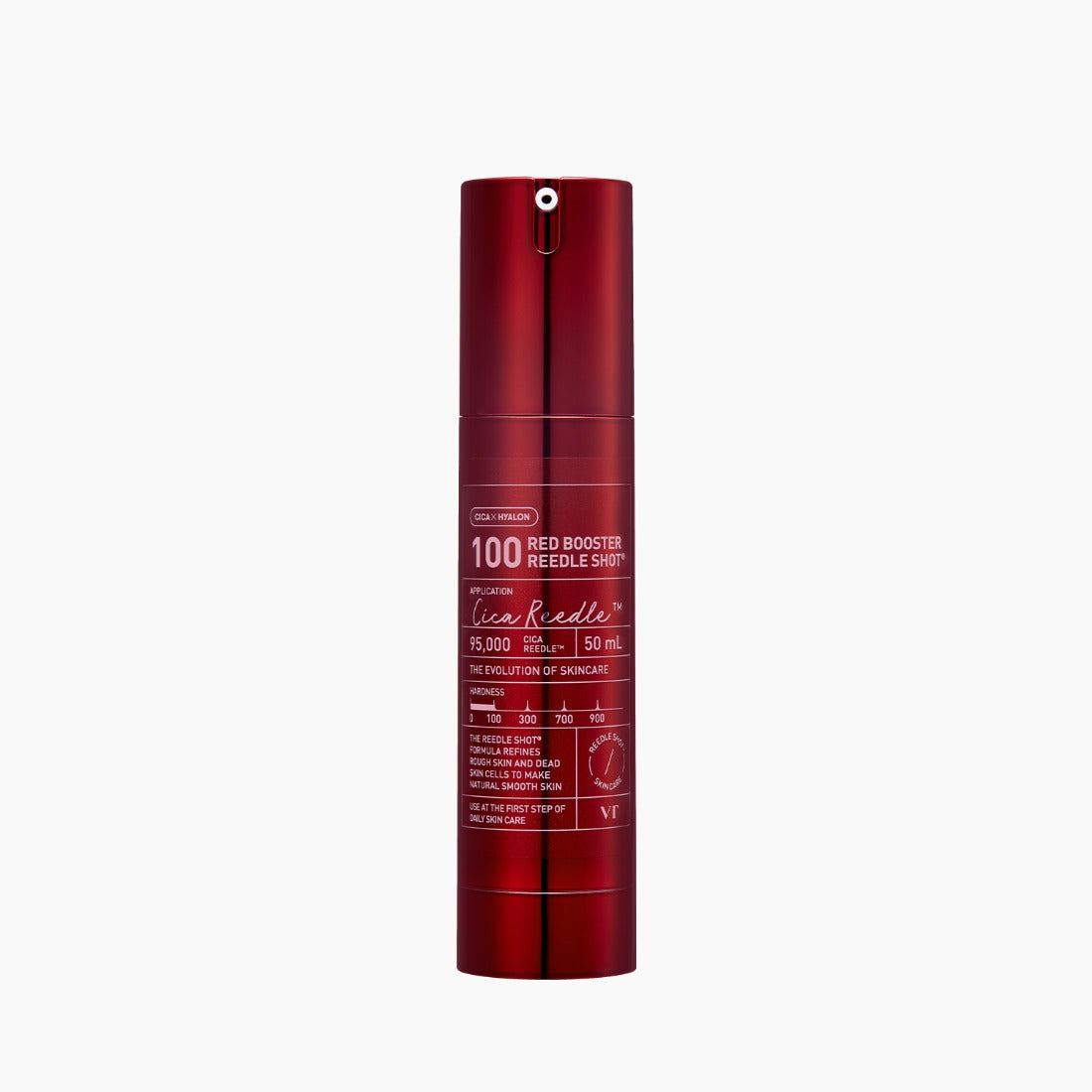 VT COSMETICS Red Booster Reedle ShotÂ® skincare product in red bottle, 50ml, with detailed label, isolated on light background.