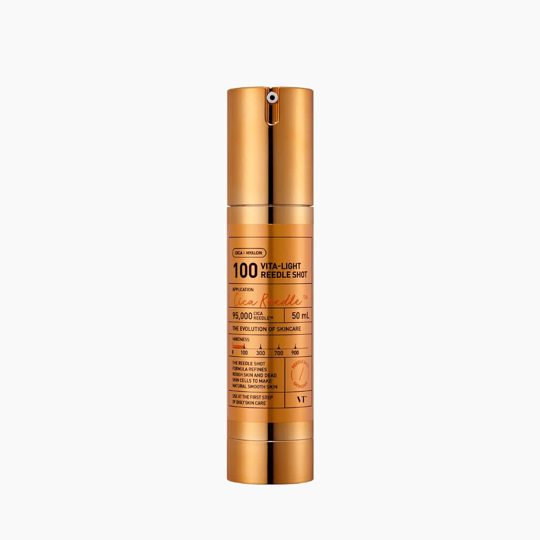 VT COSMETICS Vita-Light Reedle ShotÂ® serum bottle with golden packaging, 100ml skincare product for brightening and rejuvenation.