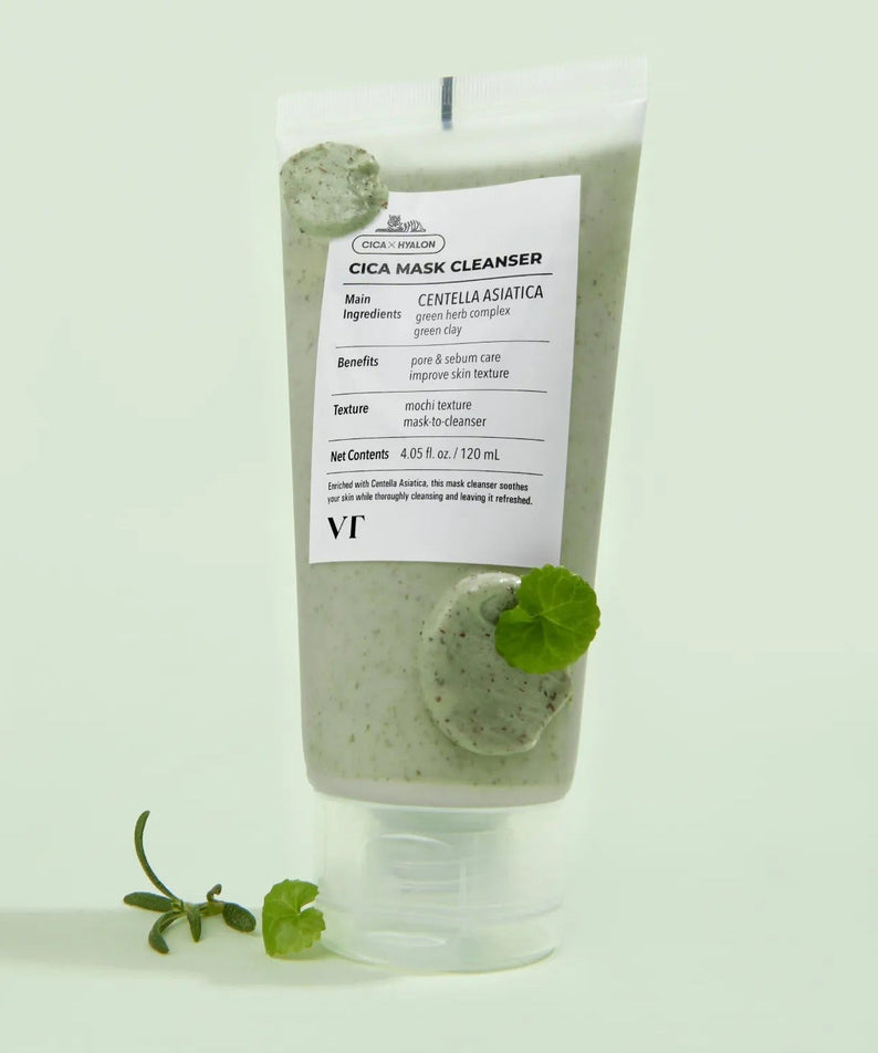 VT COSMETIC Cica Mask Cleanser 120ml product image with green texture and ingredients.