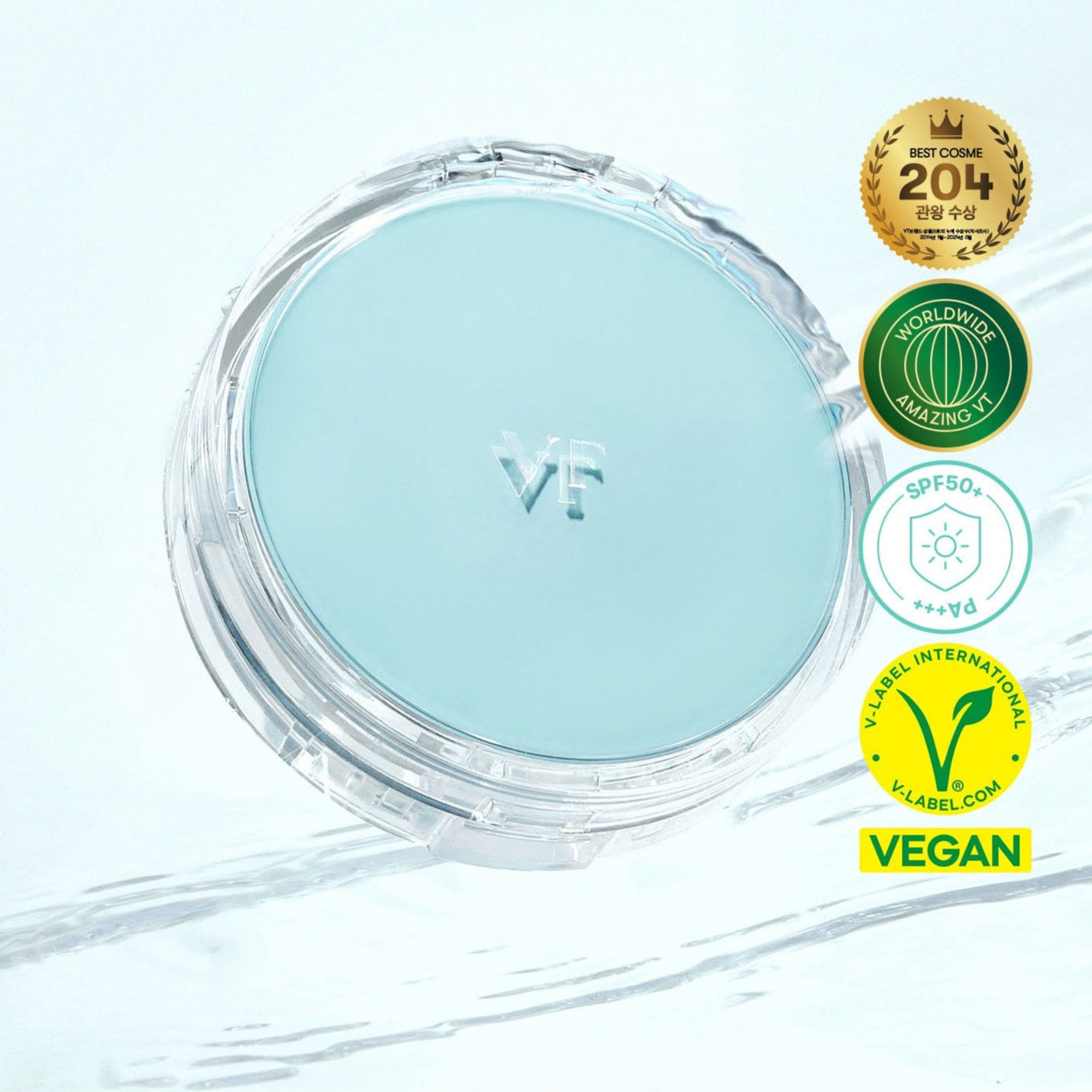 VT COSMETIC PDRN Essennce Glow Sun Pact 10g featuring compact design with vegan certification and SPF 50+ protection.