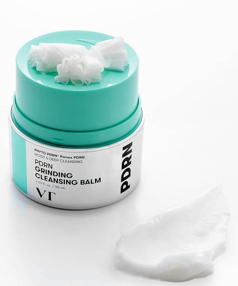 VT COSMETIC PDRN Grinding Cleansing Balm 50ml with open lid and visible texture of the balm.