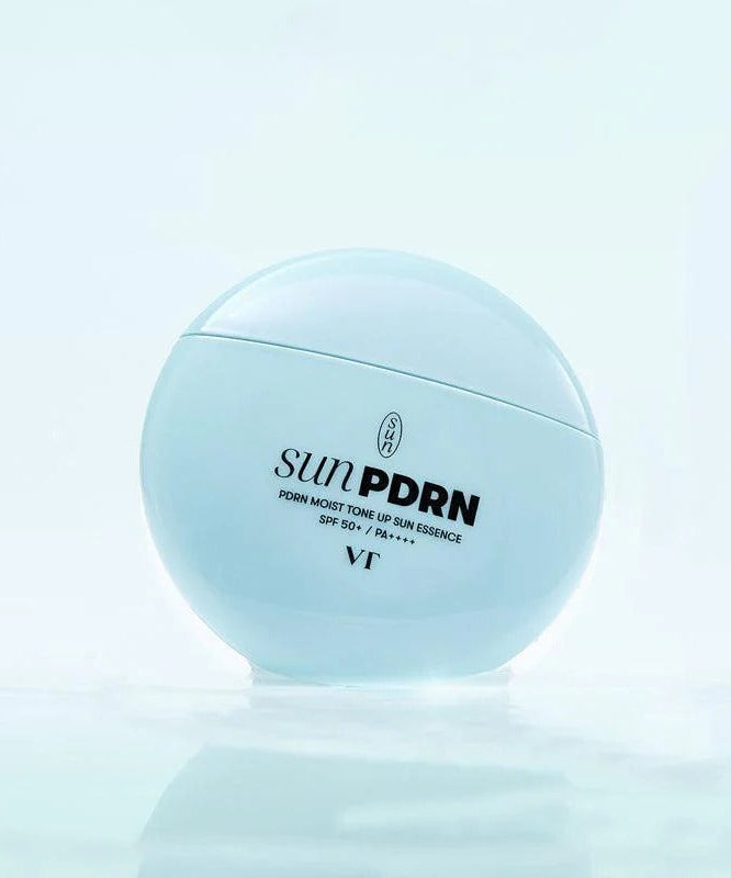 VT COSMETIC PDRN Moist Tone-Up Sun Essence 50g product image with light blue packaging.
