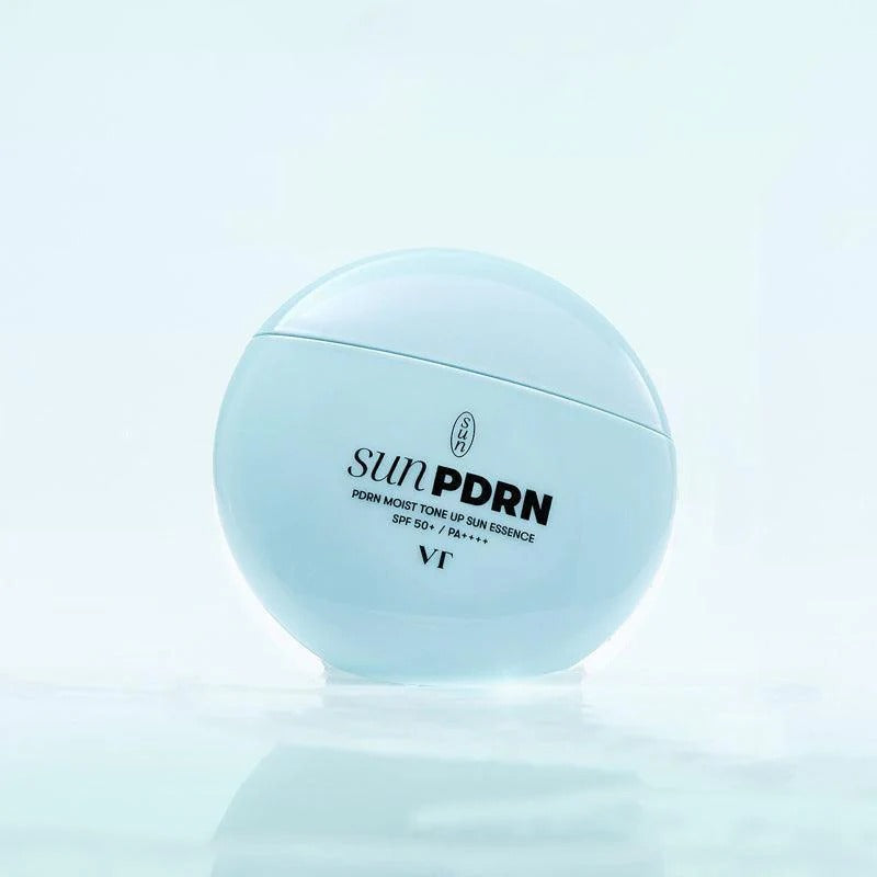 VT COSMETIC PDRN Moist Tone-Up Sun Essence 50g product image with light blue packaging.