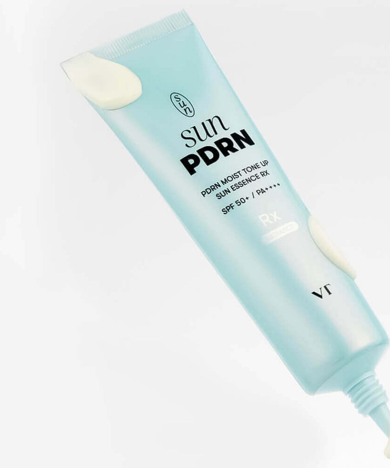 VT COSMETIC PDRN Moist Tone-Up Sun Essence RX 60ml in a light blue tube, ideal for sun protection and skin tone enhancement.