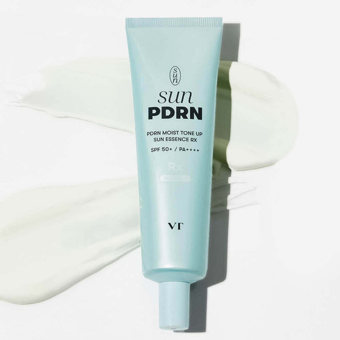 VT COSMETIC PDRN Moist Tone-Up Sun Essence RX 60ml tube on textured background.