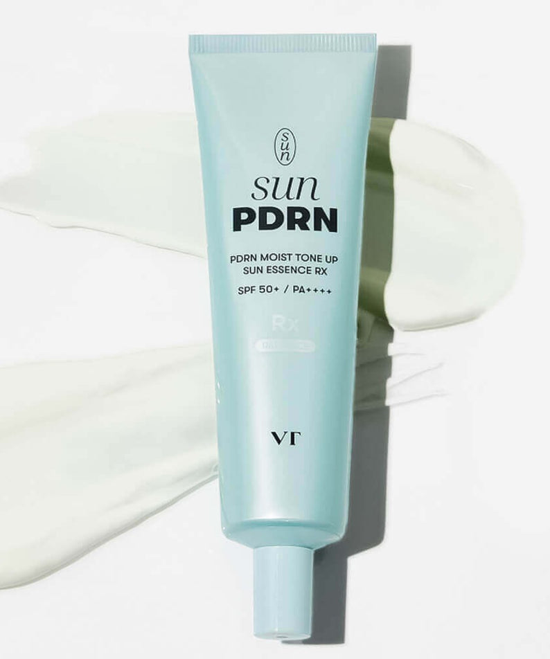 VT COSMETIC PDRN Moist Tone-Up Sun Essence RX 60ml tube on textured background.
