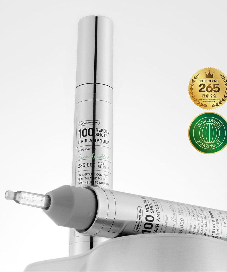 VT COSMETIC PDRN Riddle Shot Hair Ampoule 100dL 15ml displayed with Best Cosme 265 and Worldwide Amazing IT awards.