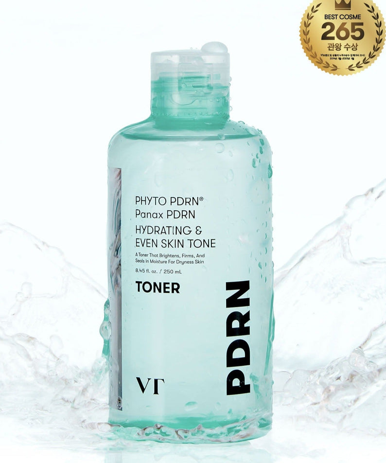 VT COSMETIC PDRN Toner 250ml bottle with hydrating and even skin tone properties, featuring award seal on top right corner
